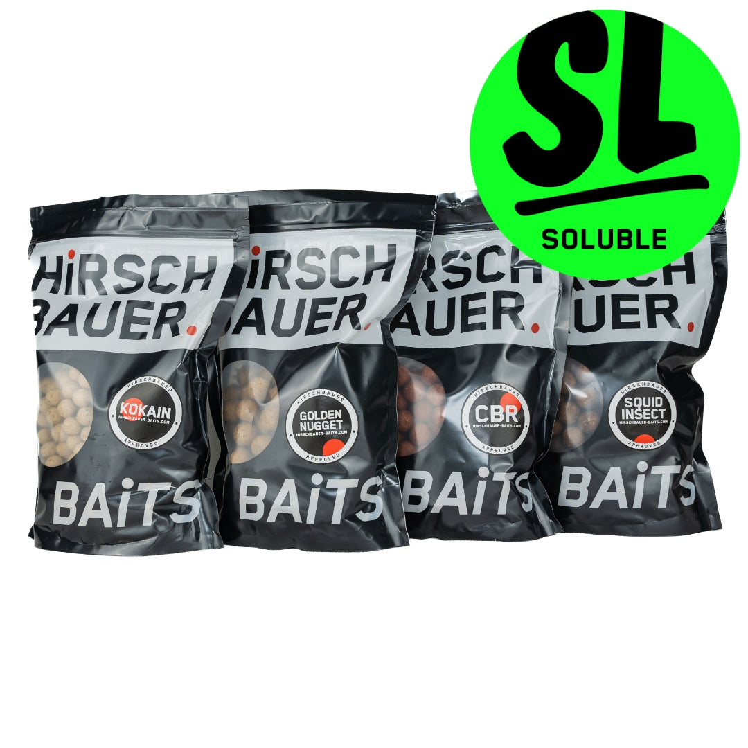 Unser Soluble MEGA Bait Pack bietet eine breite Palette an Ködern, einschließlich CBR, Squid Insect, Golden Nugget und Koki Boilies - perfekt für eine erfolgreiche Angeltour